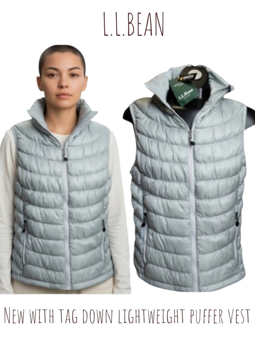 L.L.Bean Women's light quilted down puffer vest waterproof silver grey XS